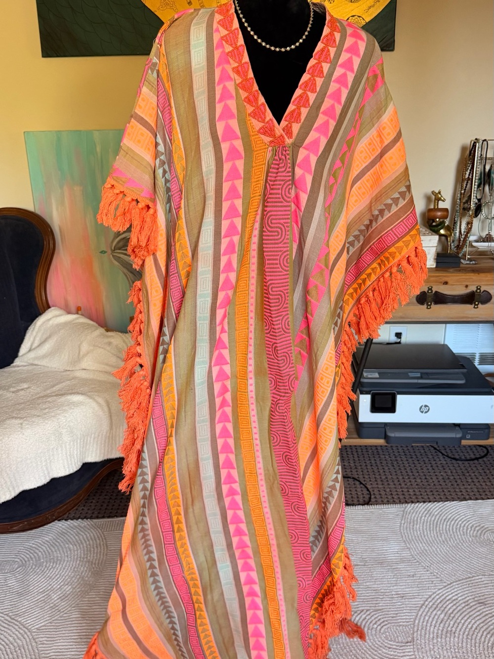 Boho Striped Fringe Poncho in Pink & Orange